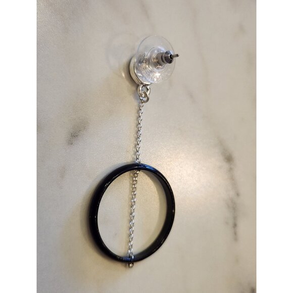 Nine West Silver Tone & Black Circle Drop Earrings With Chain Detail - Picture 5 of 5